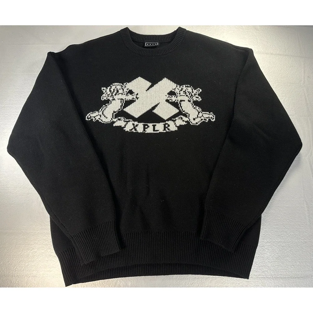 XPLR Mens Knit Cherub Sweater Medium Black White‎ Heavy Pullover